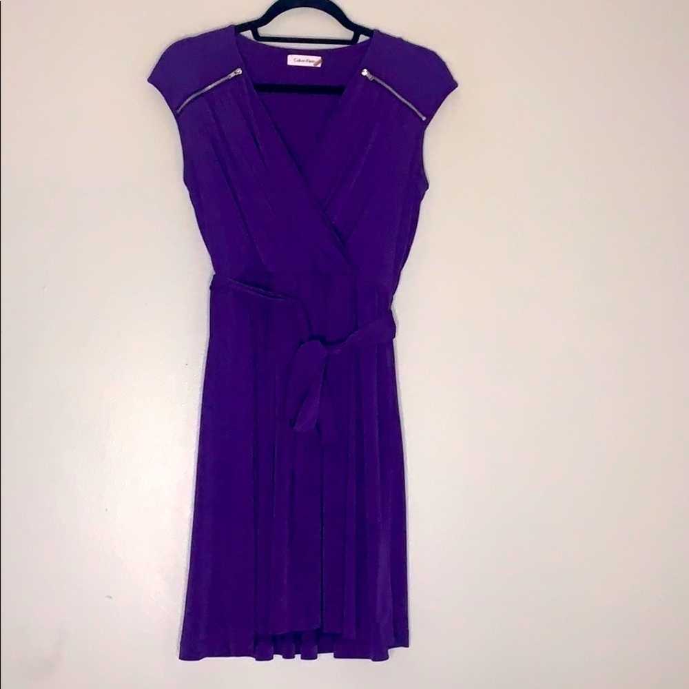 Calvin Klein Exposed Zip A-Line belted Dress Sleeveless 4 Purple